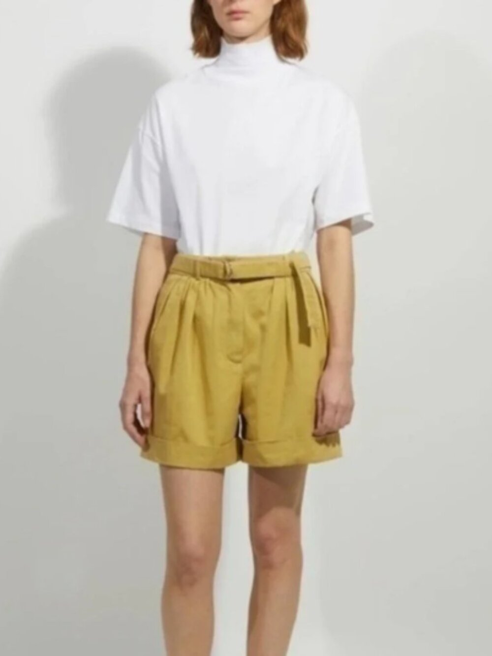 Acne Studios Rowanne Belted Pleated High Waist Shorts Yellow Tan Size 40 US 8